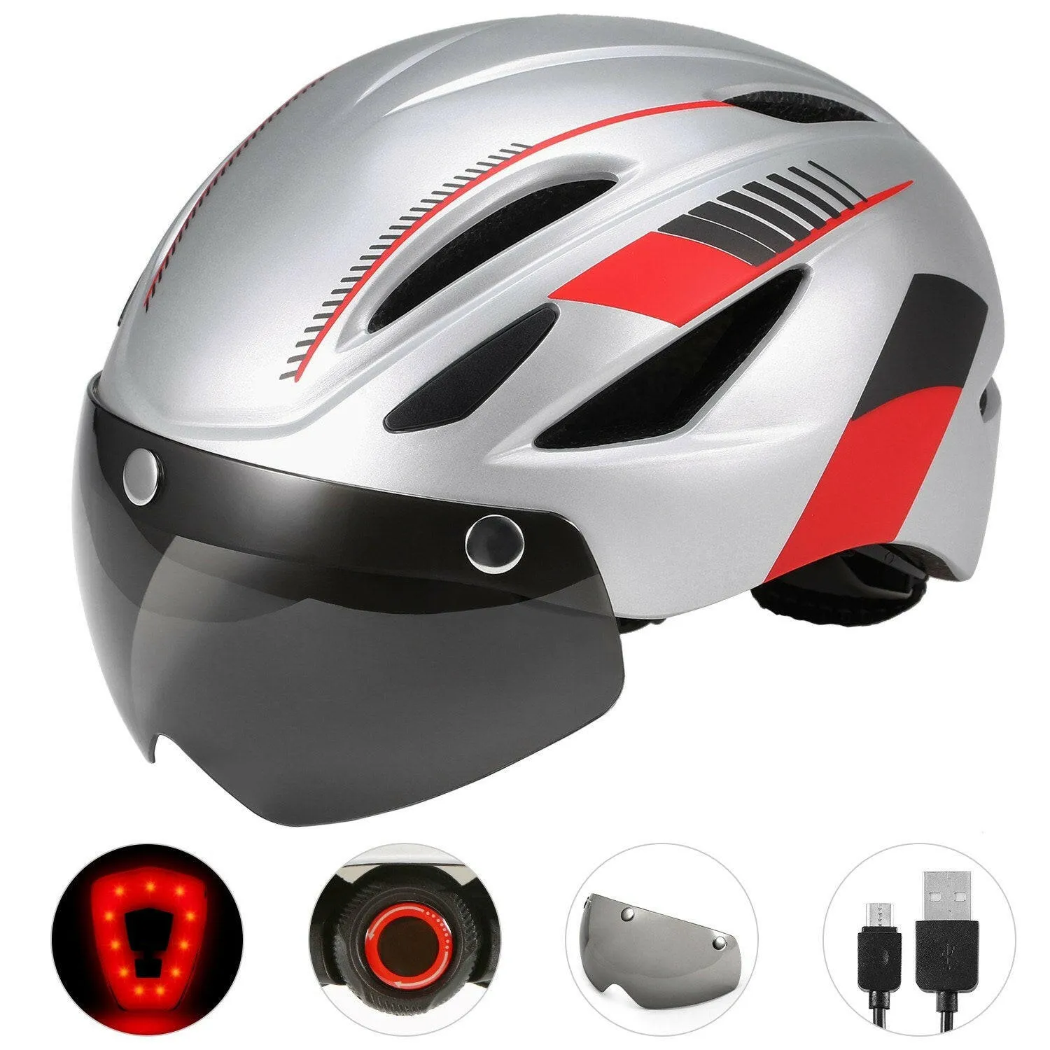 Bike Helmet Motorcycling Helmet with Rechargeable Waterproof Back Light Detachable Magnetic Visor UV Protective for Men Women