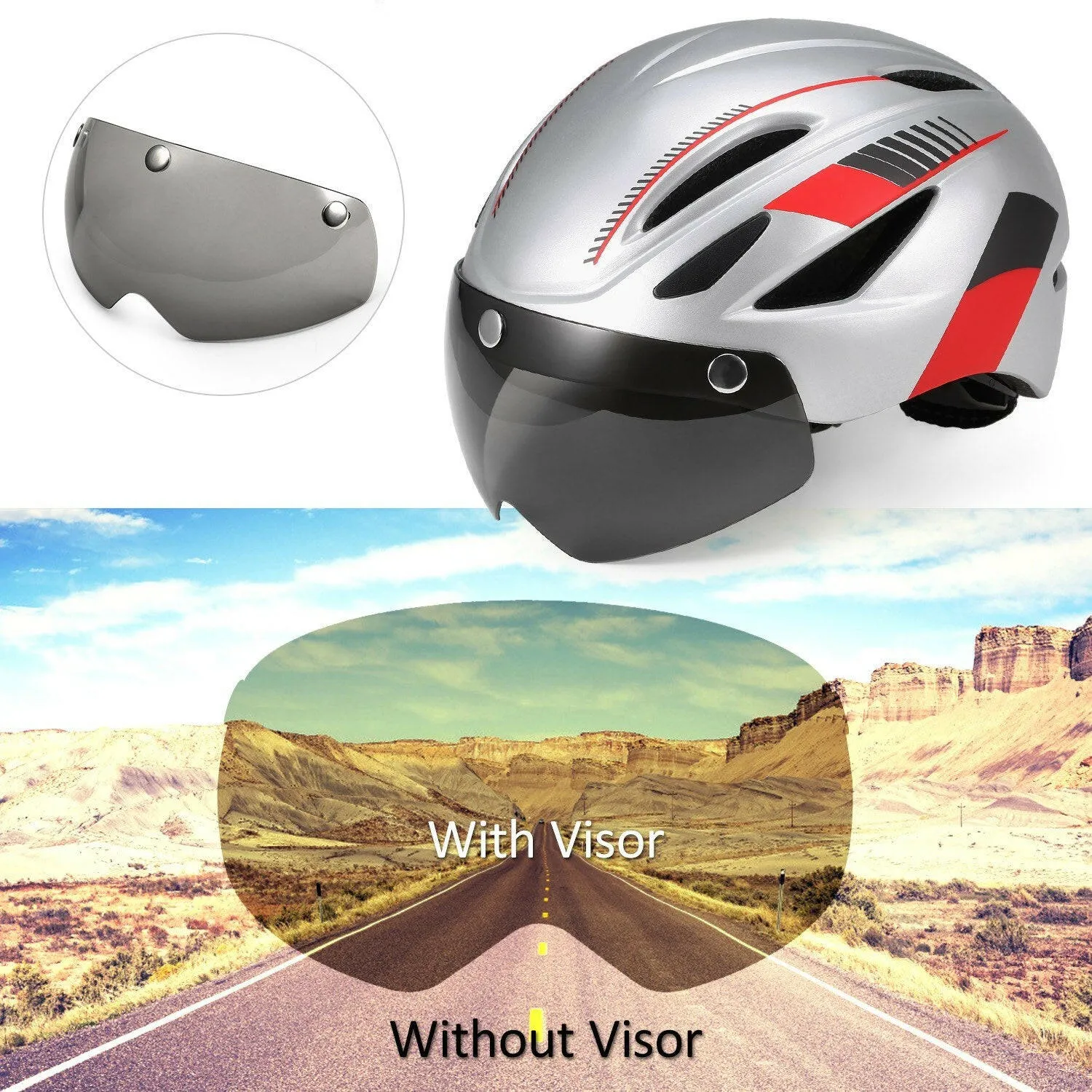 Bike Helmet Motorcycling Helmet with Rechargeable Waterproof Back Light Detachable Magnetic Visor UV Protective for Men Women