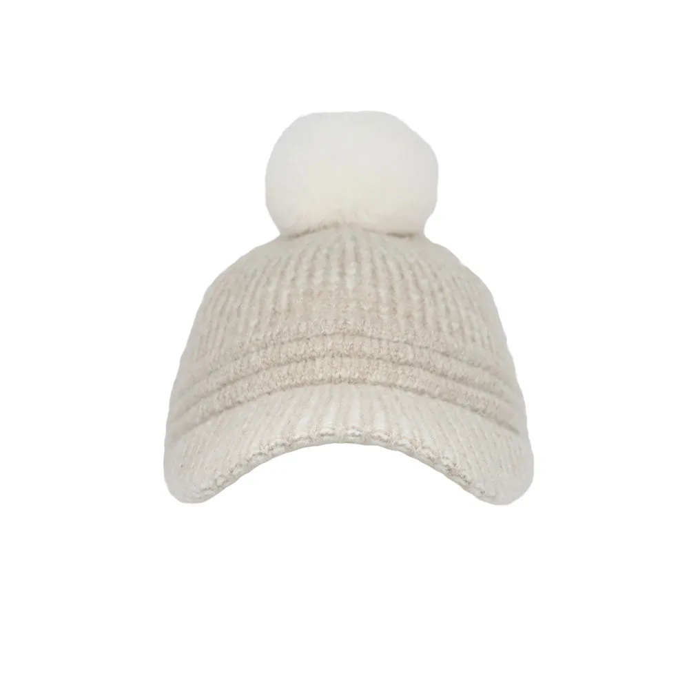 Knitted Women Winter Cap with Visor Brim Pom Beanie Soft Warm Ribbed Hat ACQ1442
