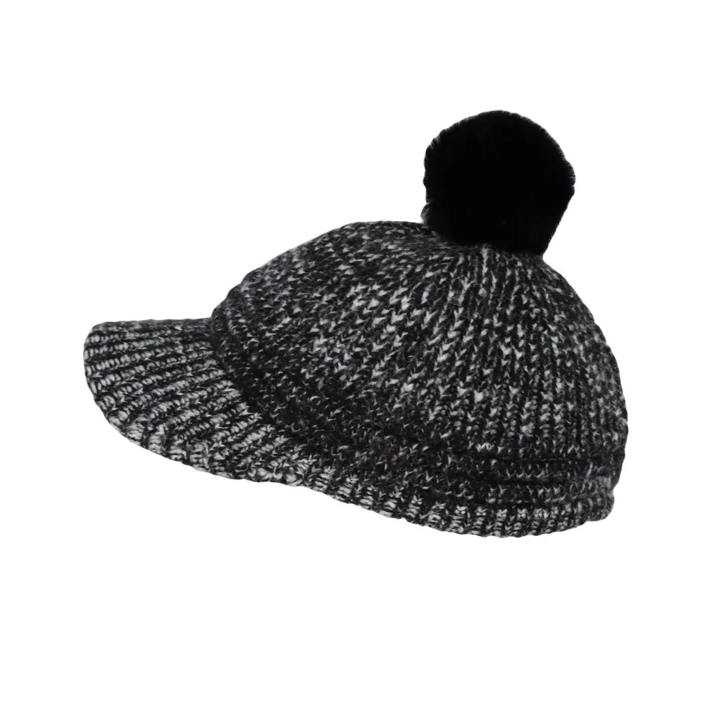 Knitted Women Winter Cap with Visor Brim Pom Beanie Soft Warm Ribbed Hat ACQ1442