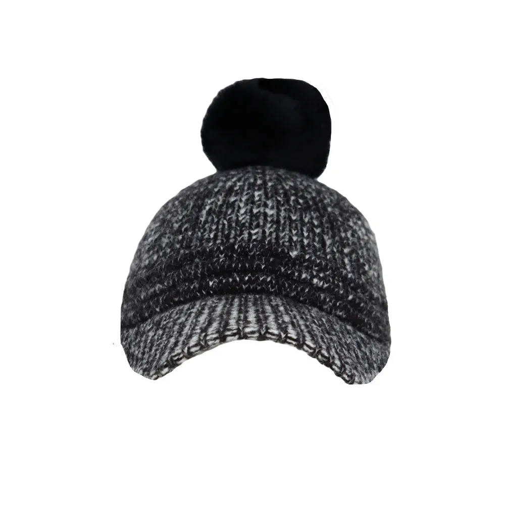 Knitted Women Winter Cap with Visor Brim Pom Beanie Soft Warm Ribbed Hat ACQ1442