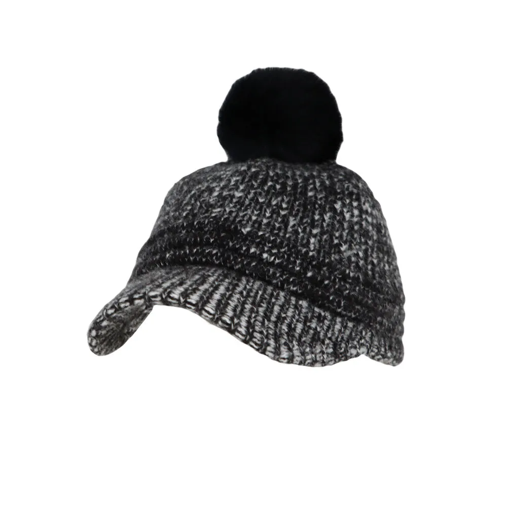 Knitted Women Winter Cap with Visor Brim Pom Beanie Soft Warm Ribbed Hat ACQ1442