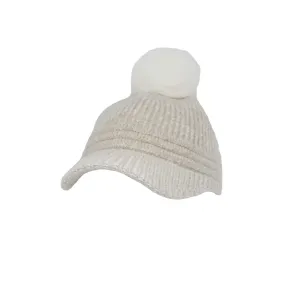 Knitted Women Winter Cap with Visor Brim Pom Beanie Soft Warm Ribbed Hat ACQ1442