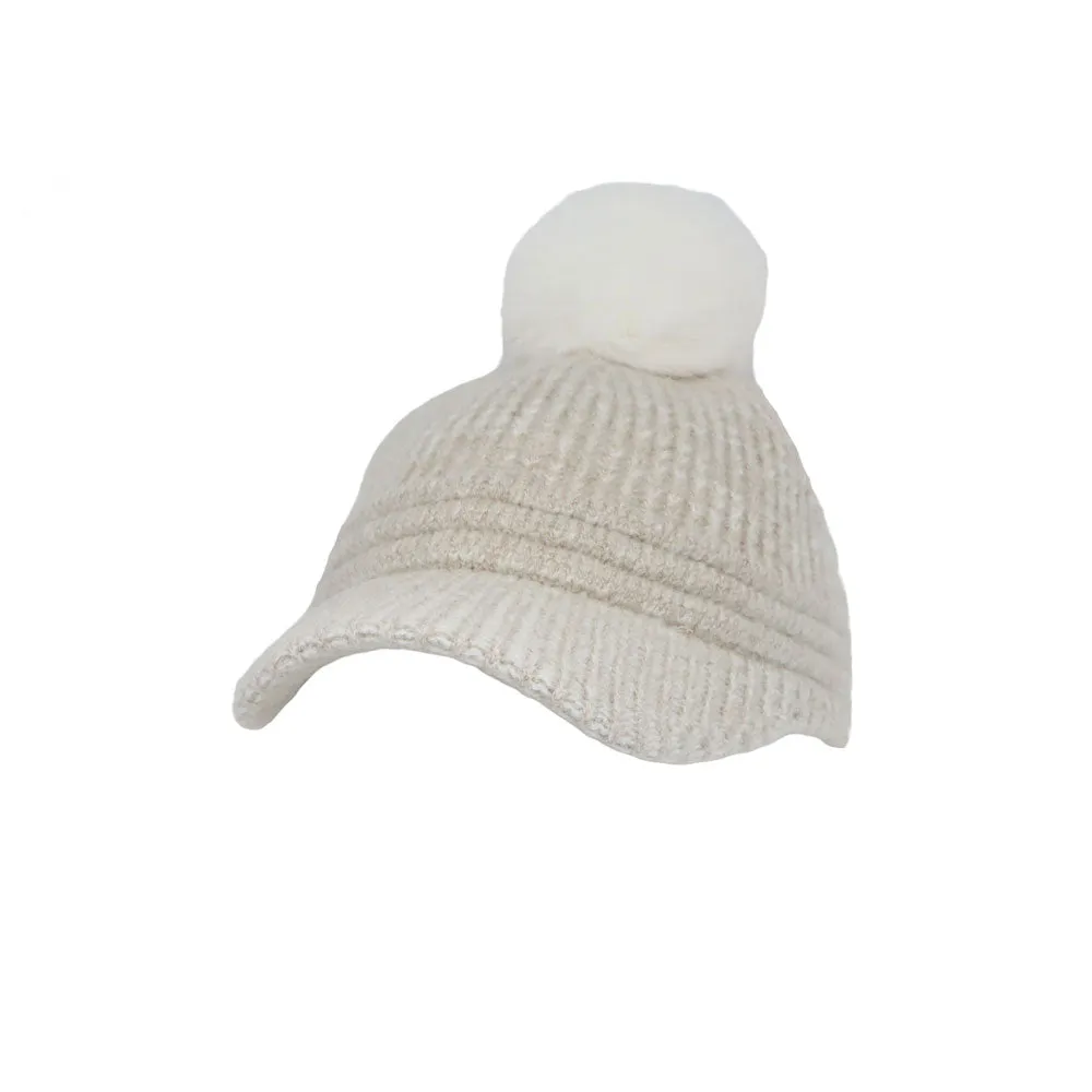 Knitted Women Winter Cap with Visor Brim Pom Beanie Soft Warm Ribbed Hat ACQ1442