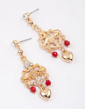 Red Ornate Beaded Heart Drop Earrings