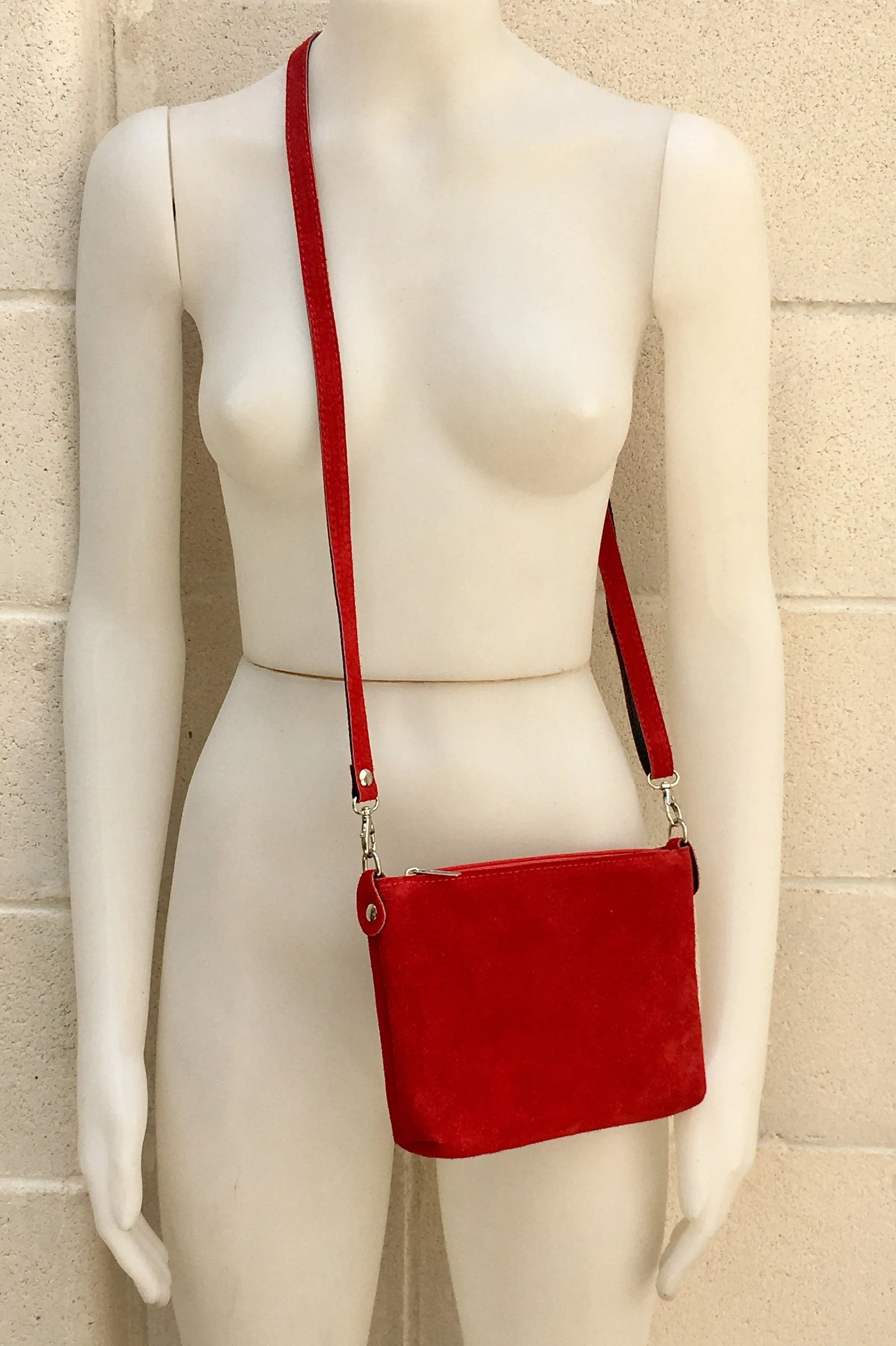 RED suede leather bag. Crossbody / shoulder bag in GENUINE  leather. Small RED suede purse, adjustable strap and zipper. Small red suede bag