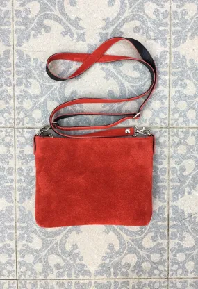RED suede leather bag. Crossbody / shoulder bag in GENUINE  leather. Small RED suede purse, adjustable strap and zipper. Small red suede bag