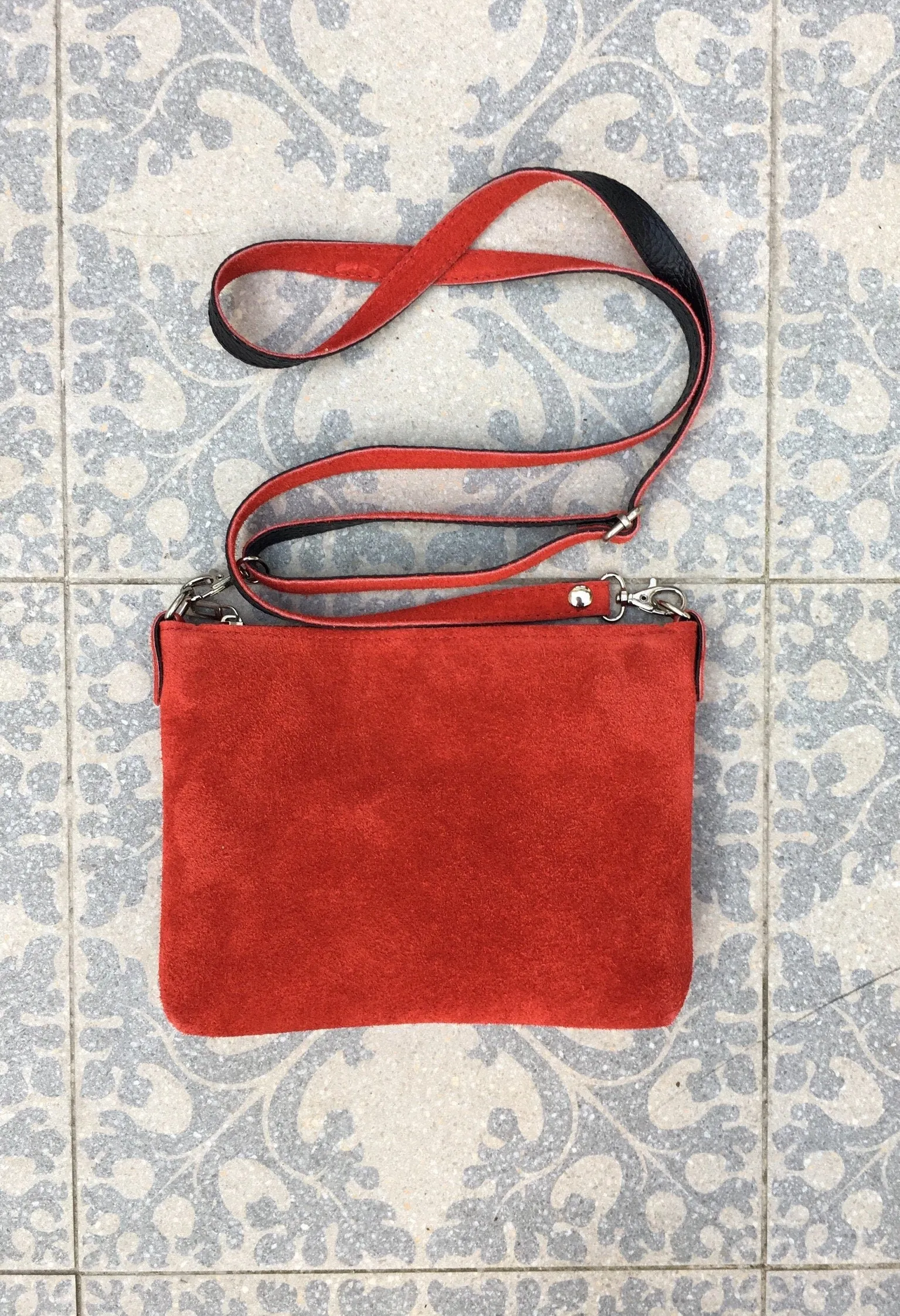 RED suede leather bag. Crossbody / shoulder bag in GENUINE  leather. Small RED suede purse, adjustable strap and zipper. Small red suede bag