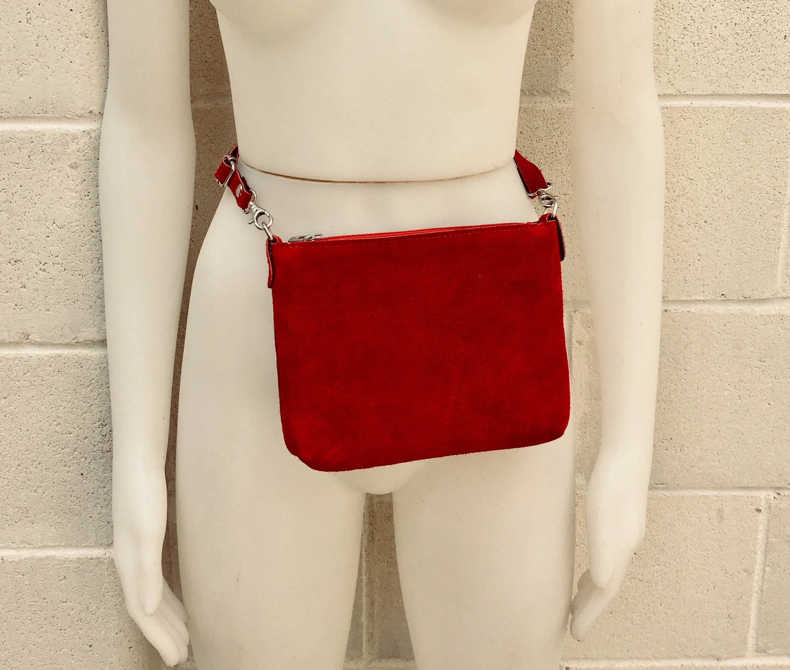 RED suede leather bag. Crossbody / shoulder bag in GENUINE  leather. Small RED suede purse, adjustable strap and zipper. Small red suede bag