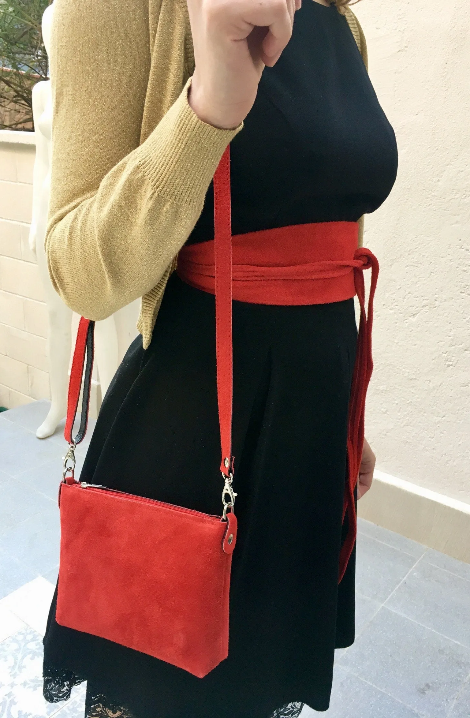 RED suede leather bag. Crossbody / shoulder bag in GENUINE  leather. Small RED suede purse, adjustable strap and zipper. Small red suede bag