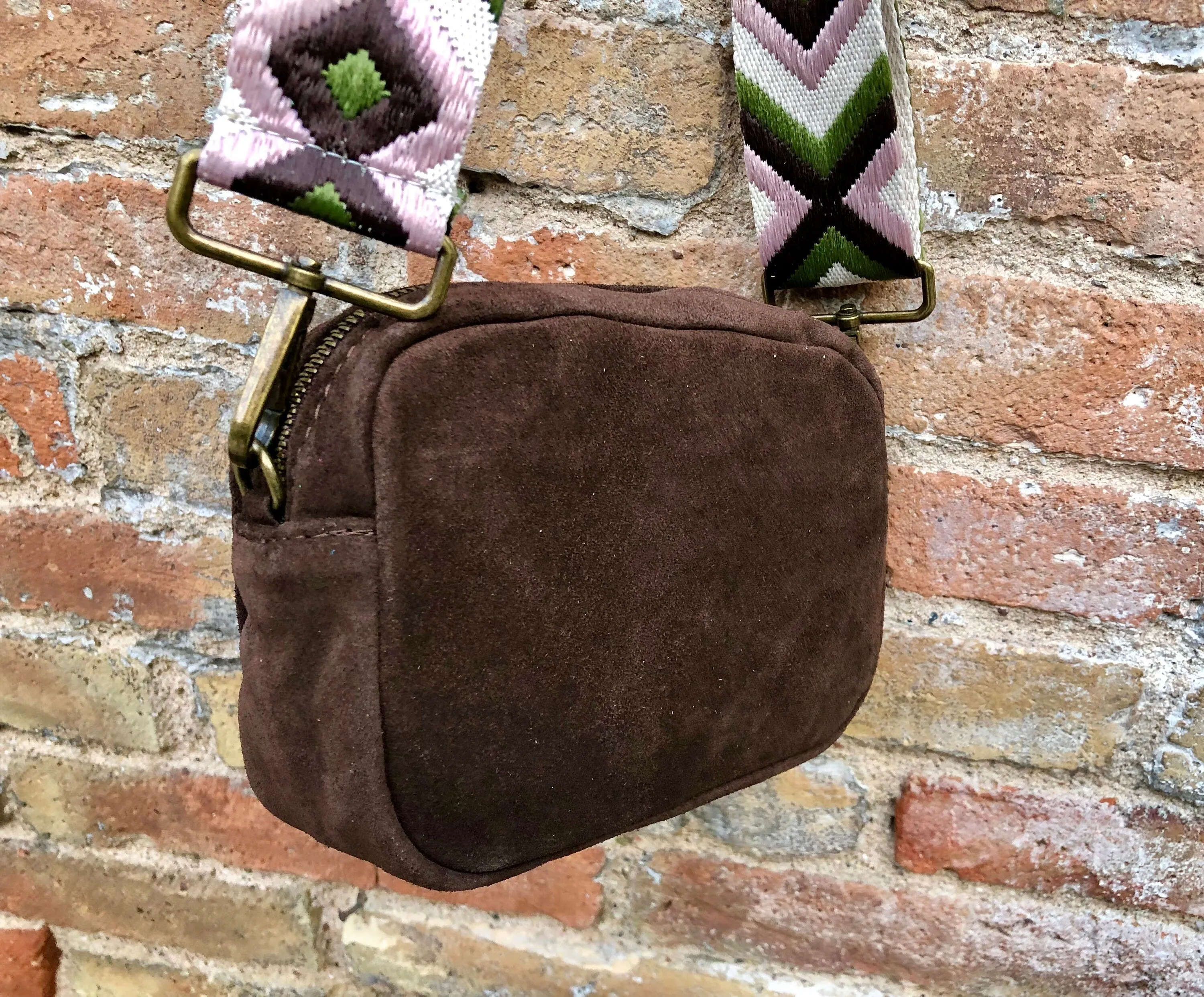 Small brown crossbody bag with adjustable guitar strap   suede strap. Genuine suede leather brown purse. Shoulder / crossbody bag w/ zippers