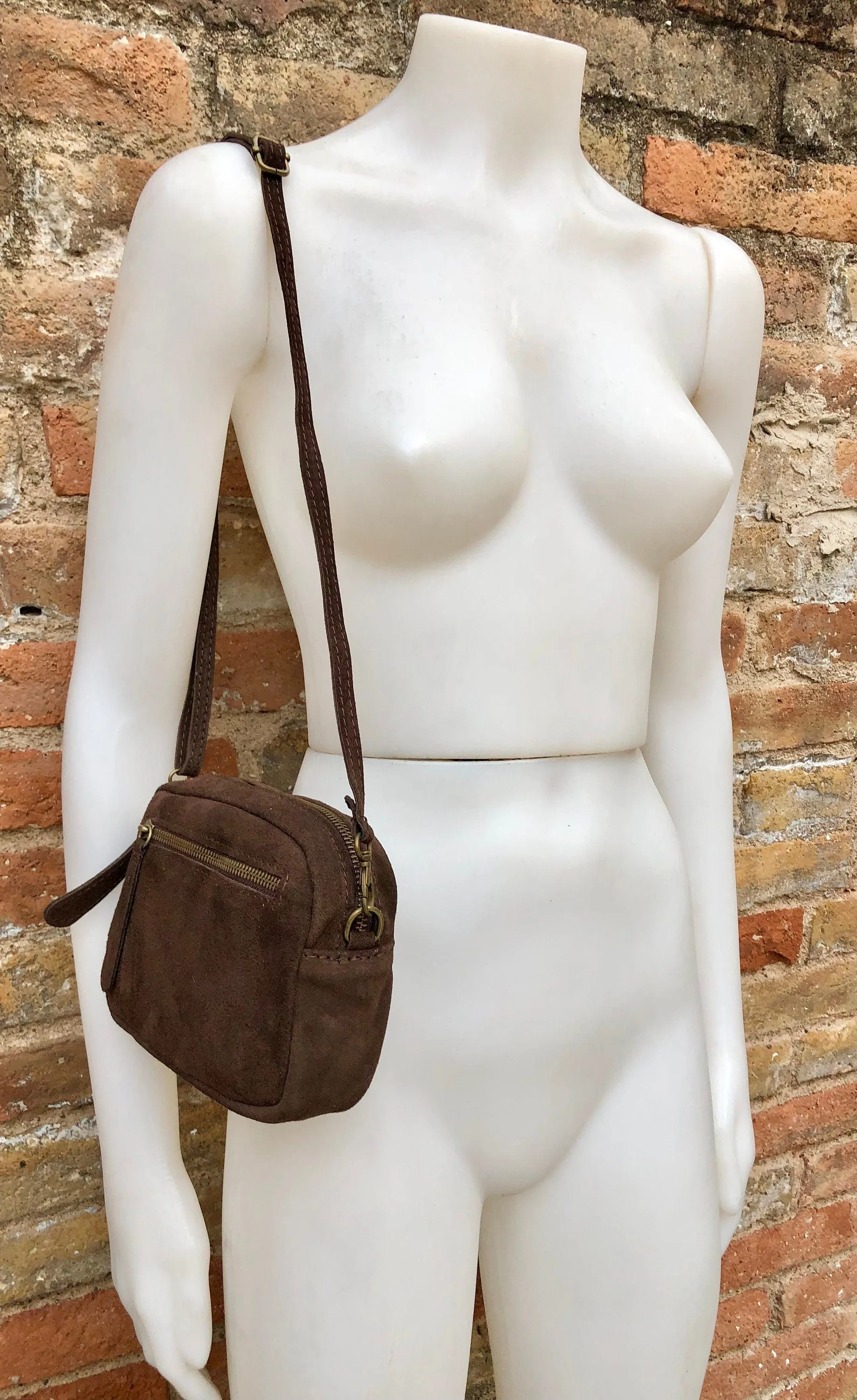 Small brown crossbody bag with adjustable guitar strap   suede strap. Genuine suede leather brown purse. Shoulder / crossbody bag w/ zippers