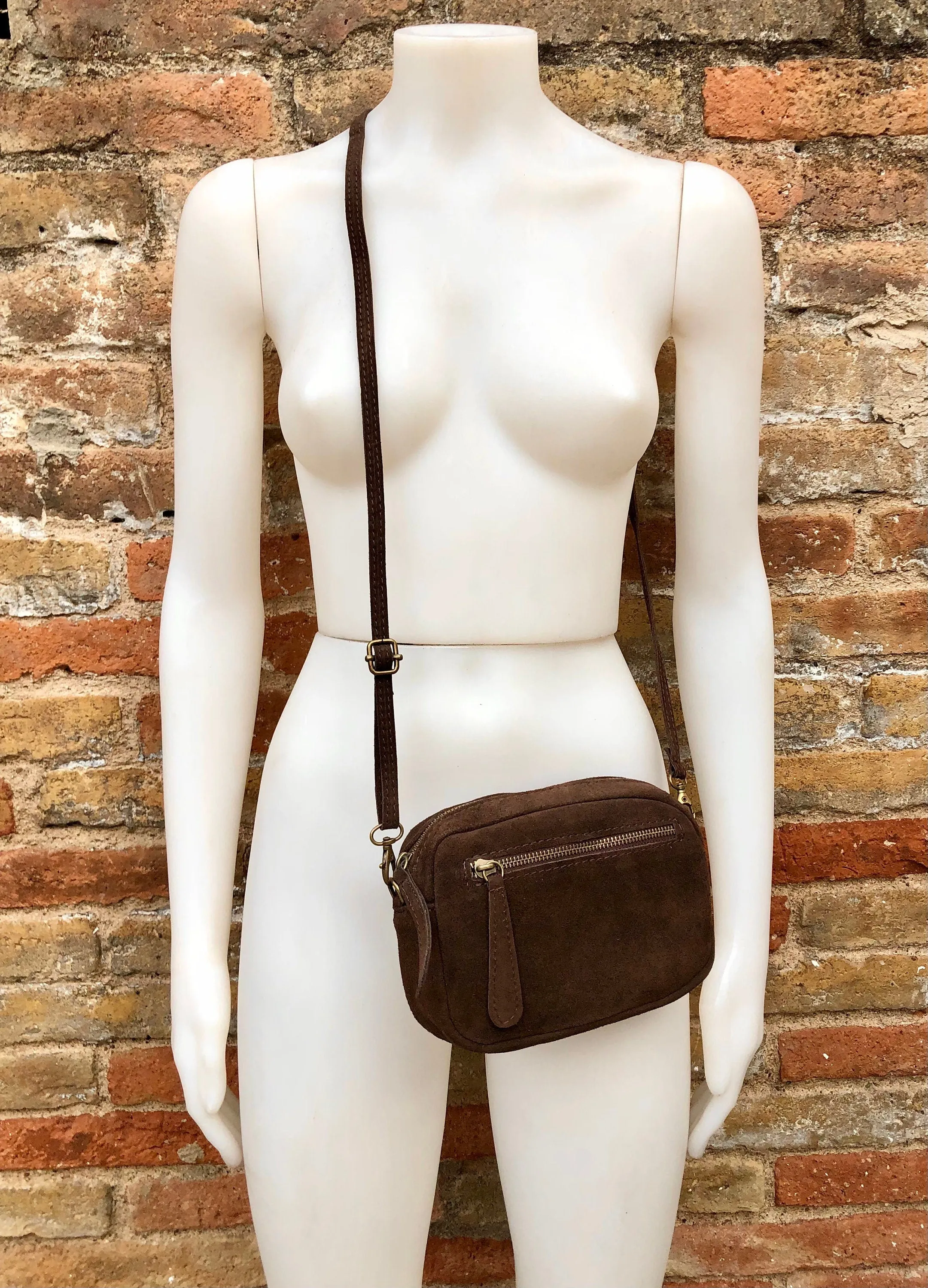 Small brown crossbody bag with adjustable guitar strap   suede strap. Genuine suede leather brown purse. Shoulder / crossbody bag w/ zippers