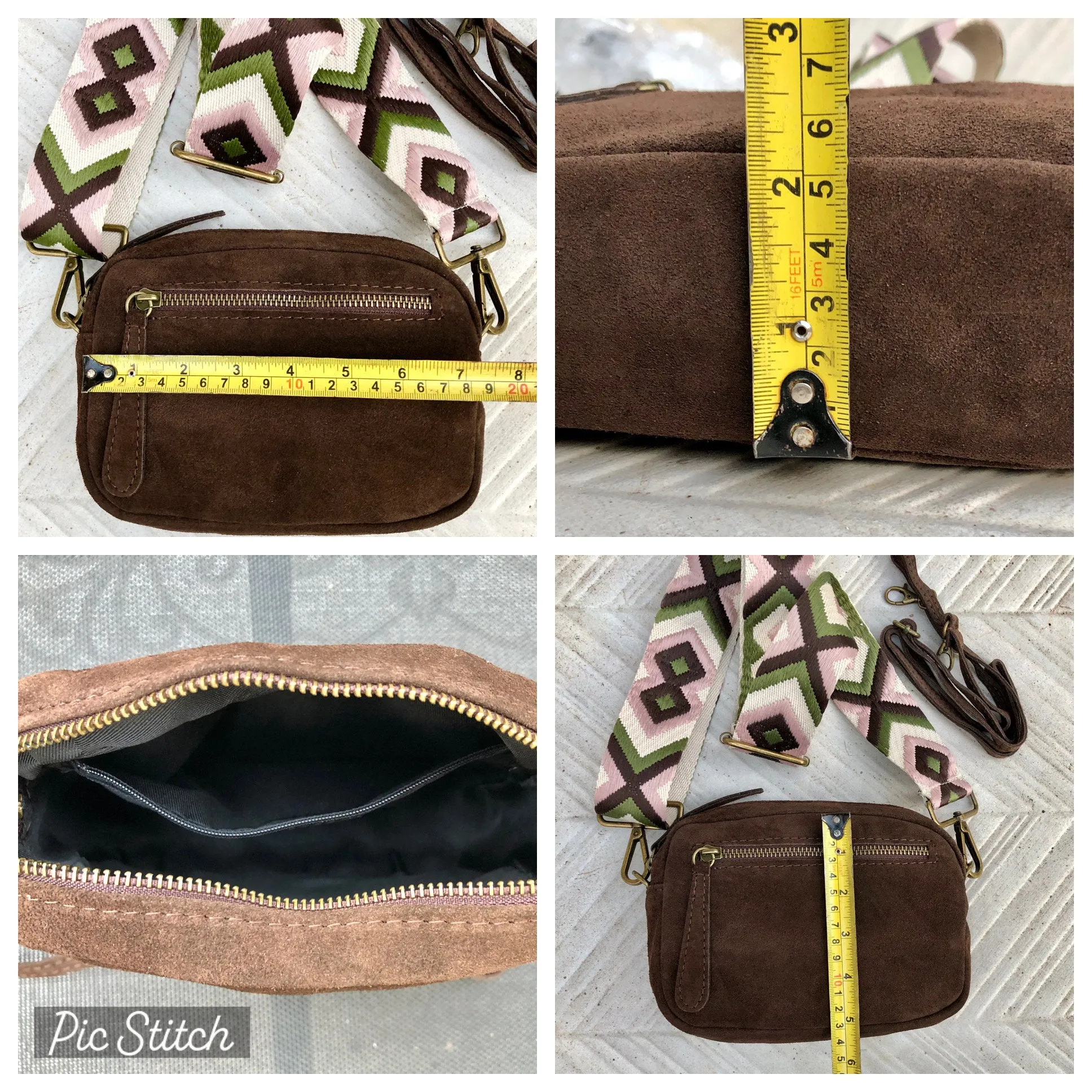 Small brown crossbody bag with adjustable guitar strap   suede strap. Genuine suede leather brown purse. Shoulder / crossbody bag w/ zippers