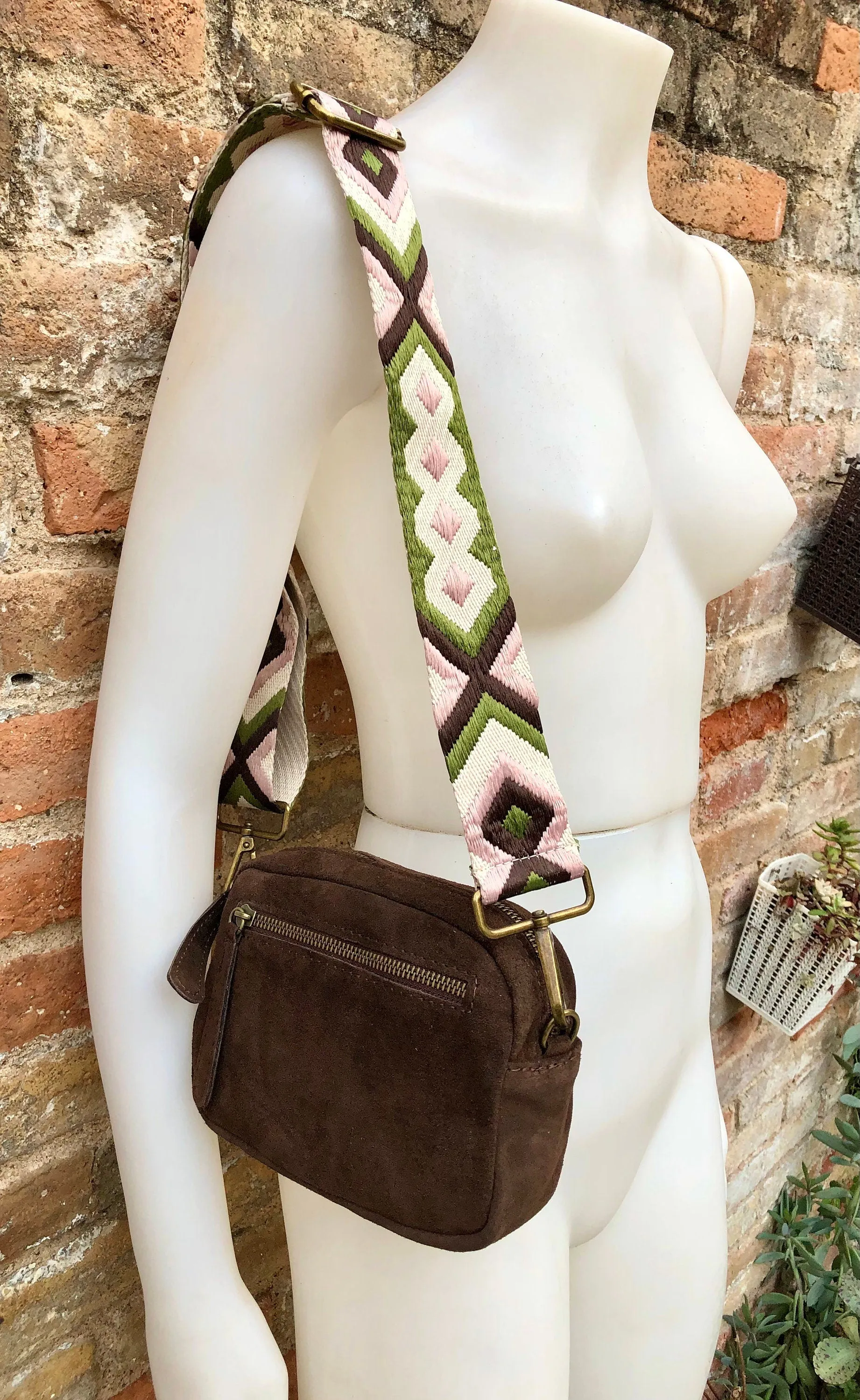 Small brown crossbody bag with adjustable guitar strap   suede strap. Genuine suede leather brown purse. Shoulder / crossbody bag w/ zippers