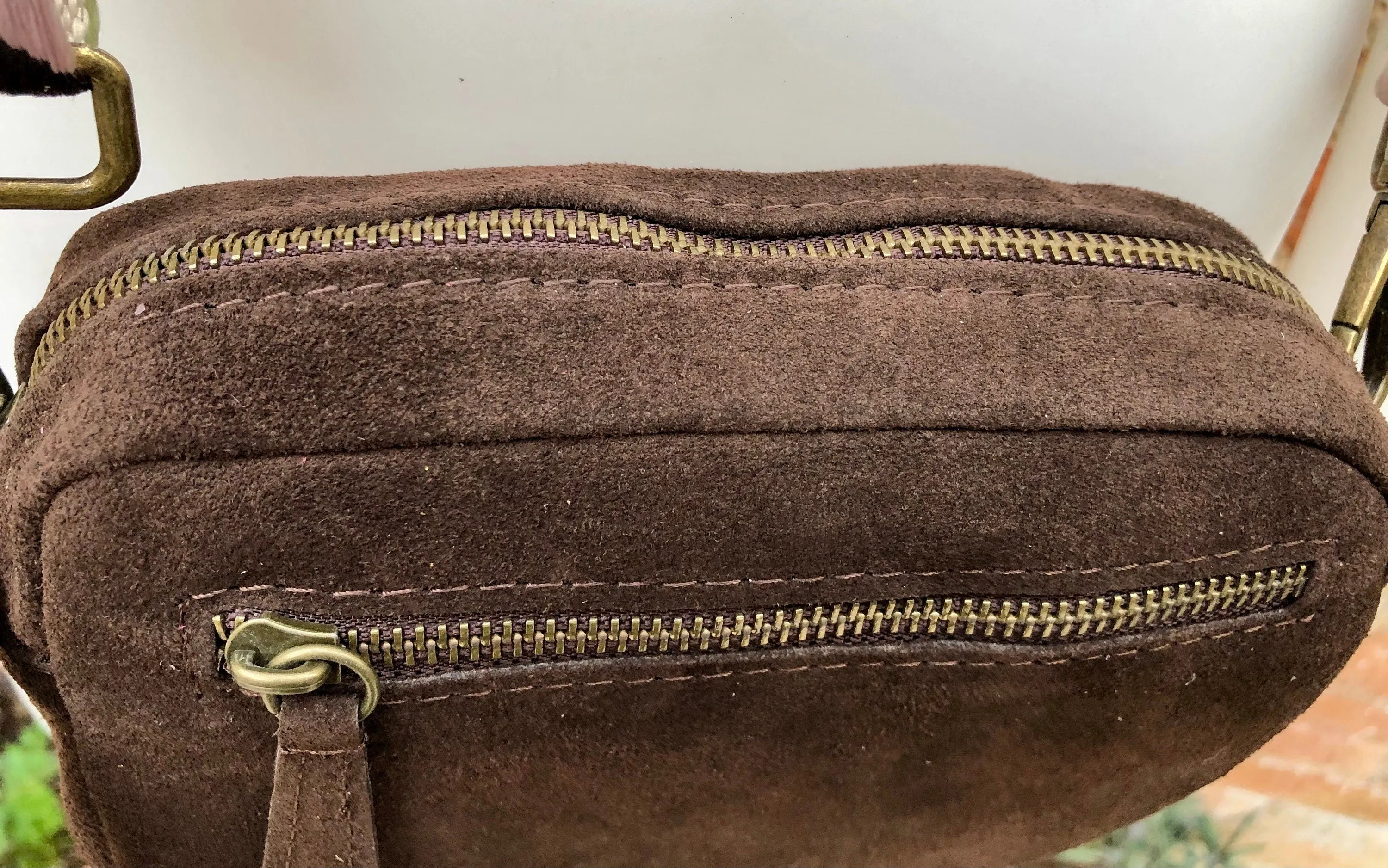 Small brown crossbody bag with adjustable guitar strap   suede strap. Genuine suede leather brown purse. Shoulder / crossbody bag w/ zippers