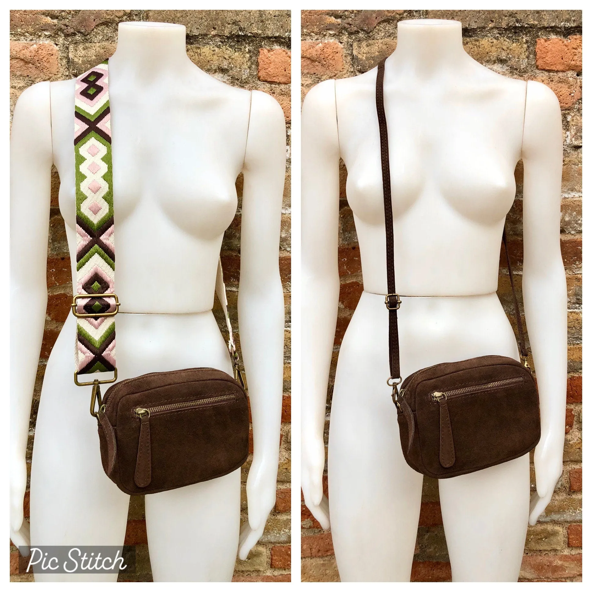 Small brown crossbody bag with adjustable guitar strap   suede strap. Genuine suede leather brown purse. Shoulder / crossbody bag w/ zippers