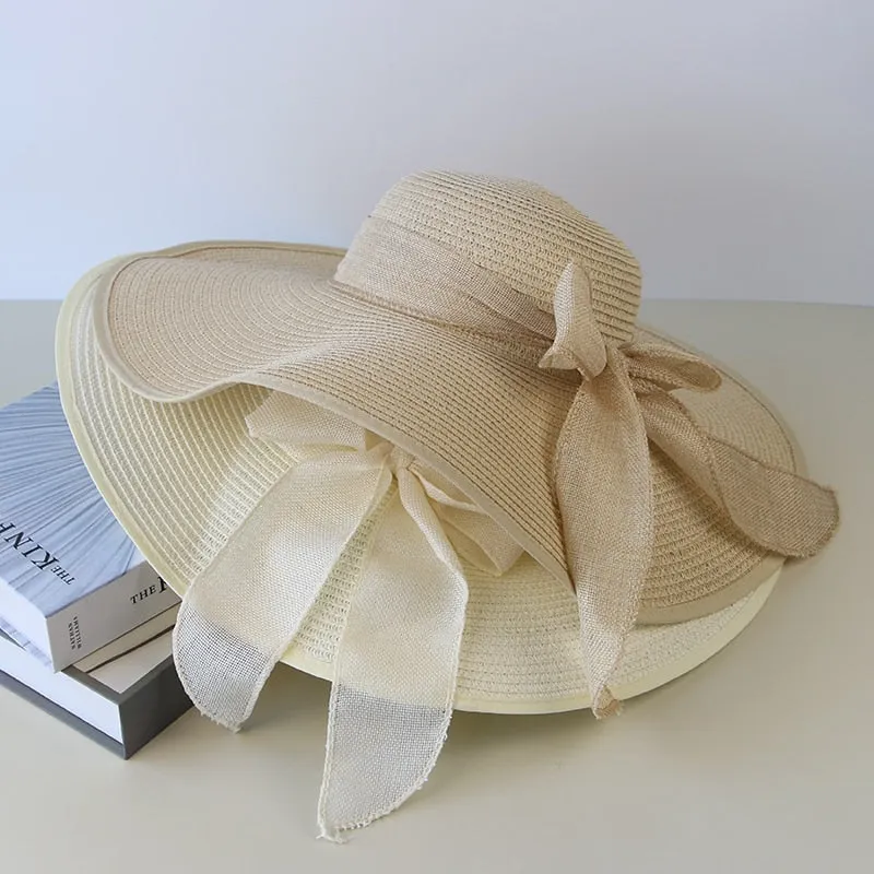 Summer Women Straw Hat Bowknot Wide Brim Floppy Panama Hats Female Lady