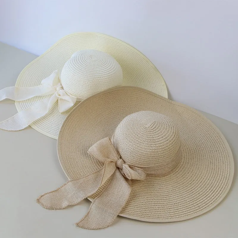 Summer Women Straw Hat Bowknot Wide Brim Floppy Panama Hats Female Lady