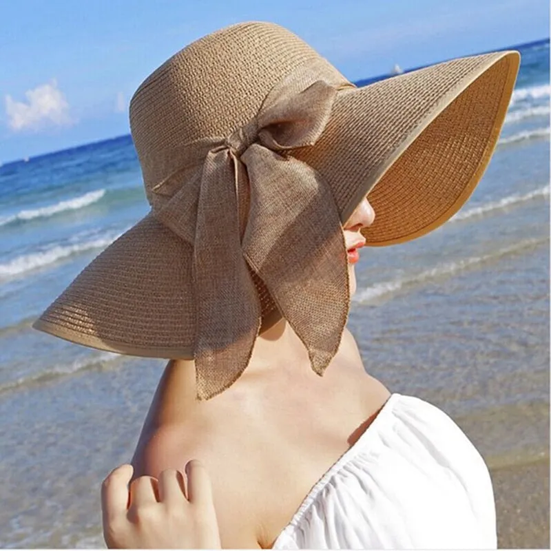 Summer Women Straw Hat Bowknot Wide Brim Floppy Panama Hats Female Lady