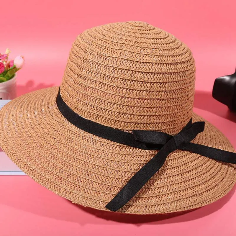Summer Women Straw Hat Bowknot Wide Brim Floppy Panama Hats Female Lady