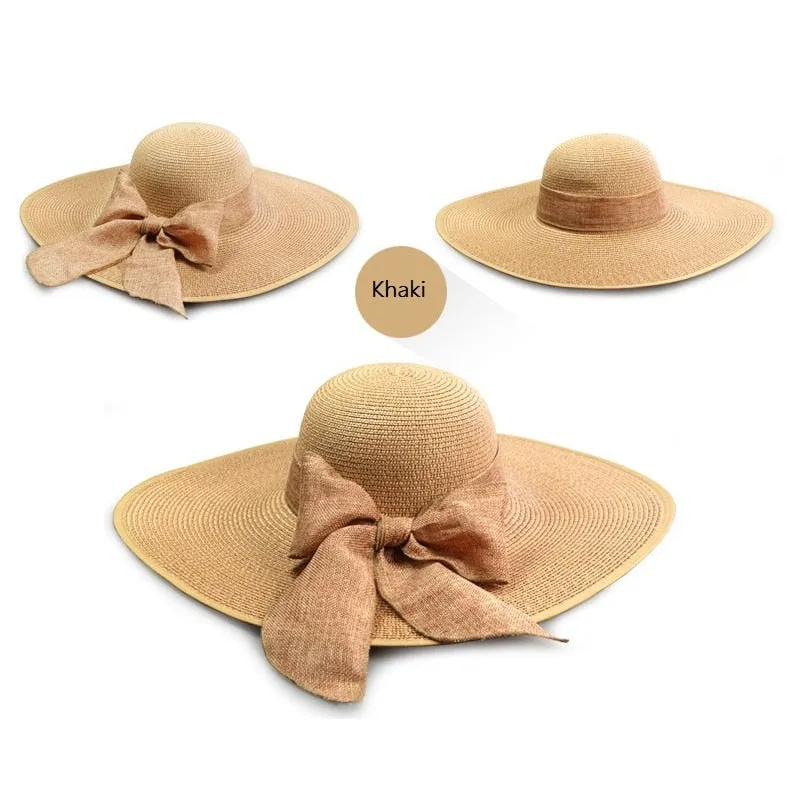 Summer Women Straw Hat Bowknot Wide Brim Floppy Panama Hats Female Lady