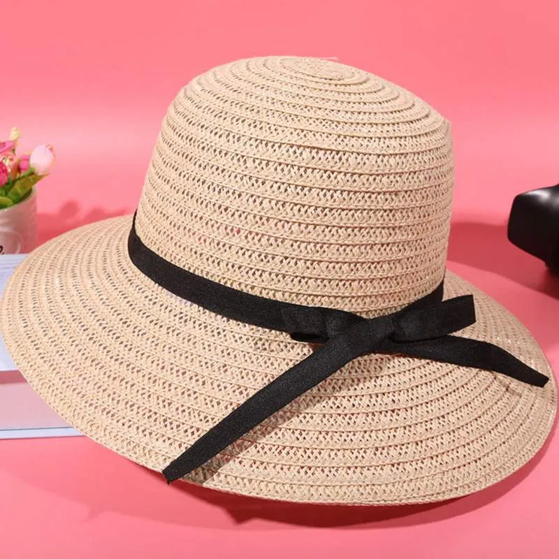 Summer Women Straw Hat Bowknot Wide Brim Floppy Panama Hats Female Lady
