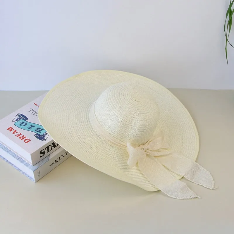 Summer Women Straw Hat Bowknot Wide Brim Floppy Panama Hats Female Lady