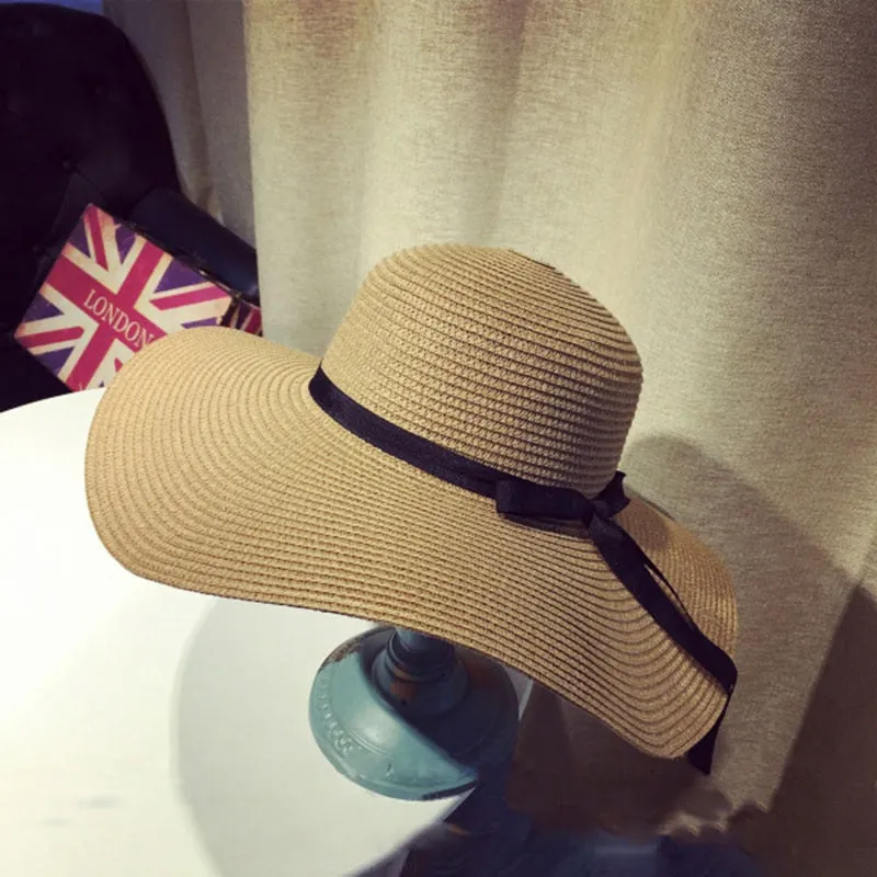 Summer Women Straw Hat Bowknot Wide Brim Floppy Panama Hats Female Lady