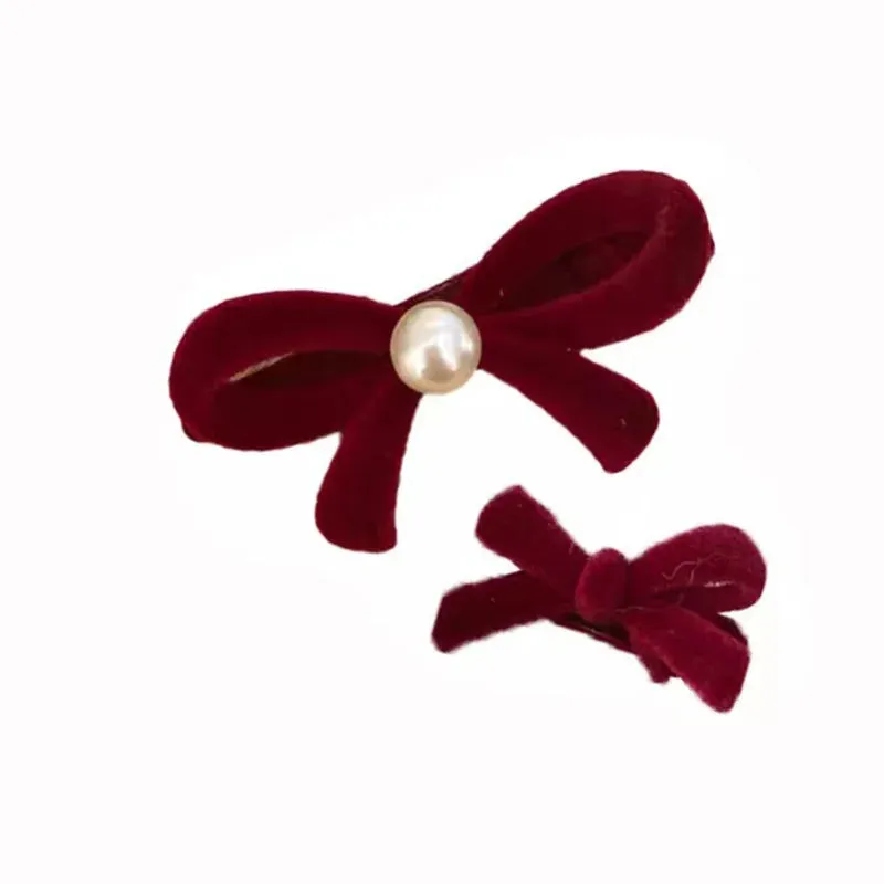 VAIGE 2 Pack Red Bow Hair Clips with Pearl Accent - Mini Cashmere Hairpins, 5*2.5cm Cute Accessories